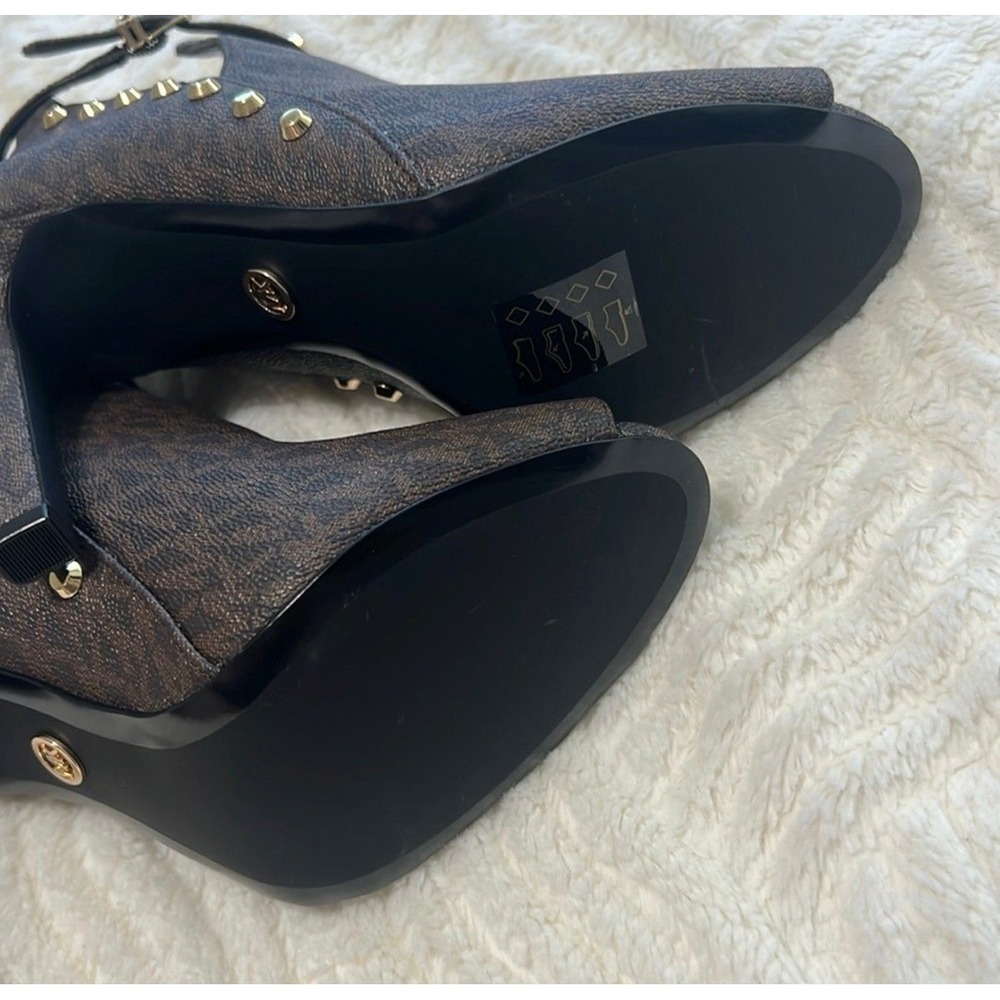 Michael Kors Logo Lawson Studded Heels – Brown Peep Toe Booties – Size 9M - Picture 9 of 12